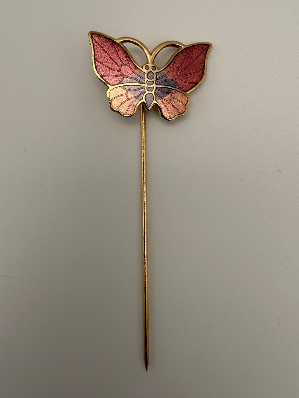 Cloisonné Gold Tone Butterfly Lapel Jacket Pin with Pink and Purple Enamel